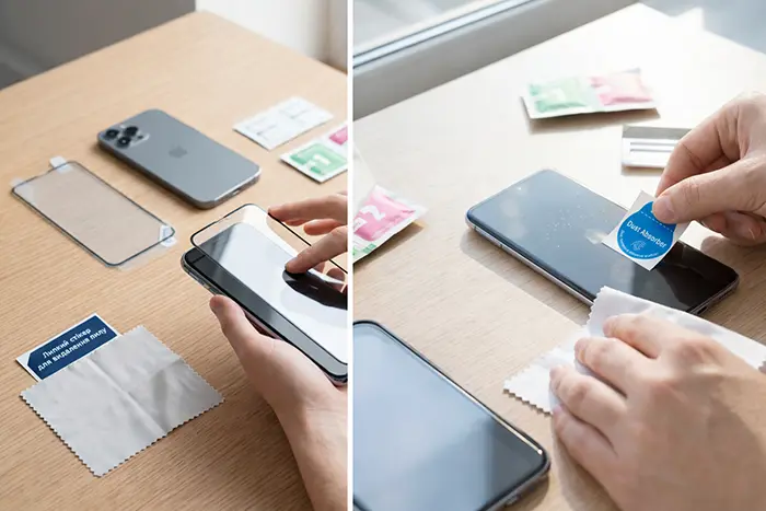 Як правильно видалити пил з екрана телефону за допомогою липкого стікера та мікрофібри перед встановленням захисного скла. Широкоформатне фото.